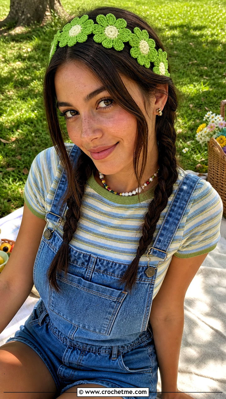 Daisy Crochet Lace Headband With Overalls And Sneakers - 30 crochet lace headband outfit ideas