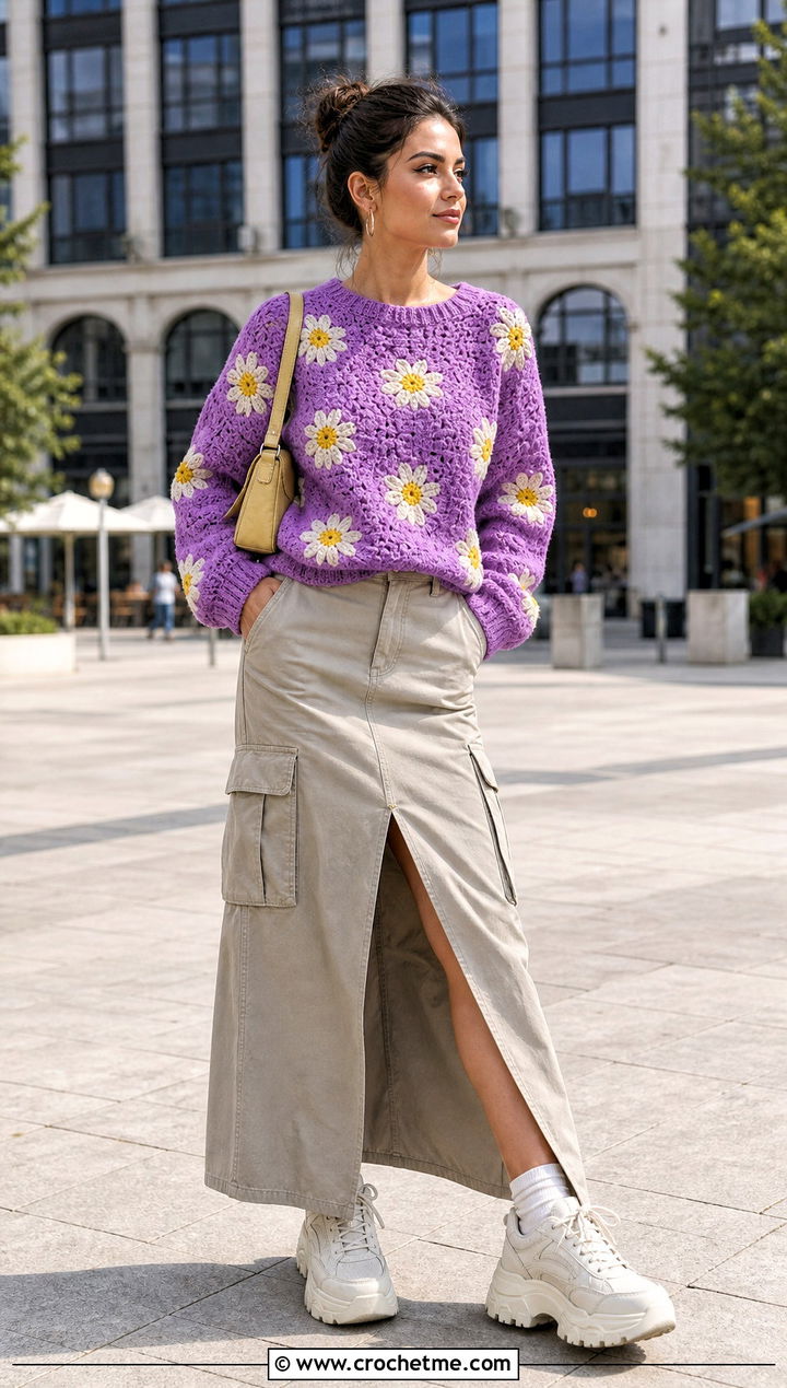Daisy Crochet Mabel Pines Sweater With Cargo Skirt - 30 crochet mabel pines sweater outfit ideas