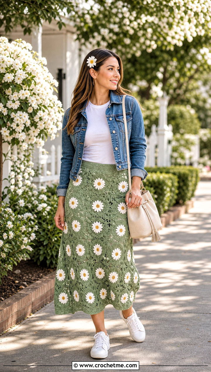 Daisy Crochet Midi Skirt With Denim Jacket - 35 Kawaii Crochet Clothes and outfit ideas