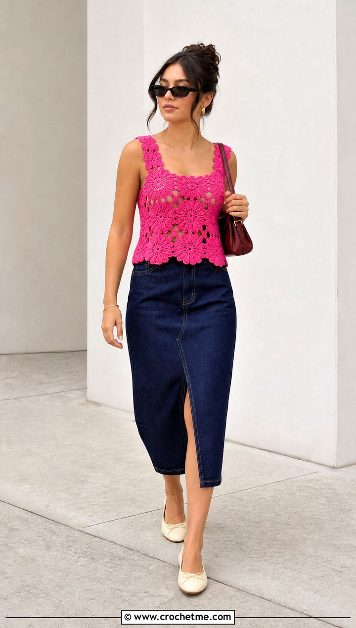 Daisy Crochet Motif Tank Top With Denim Midi Skirt - 30 crochet motif top outfit ideas