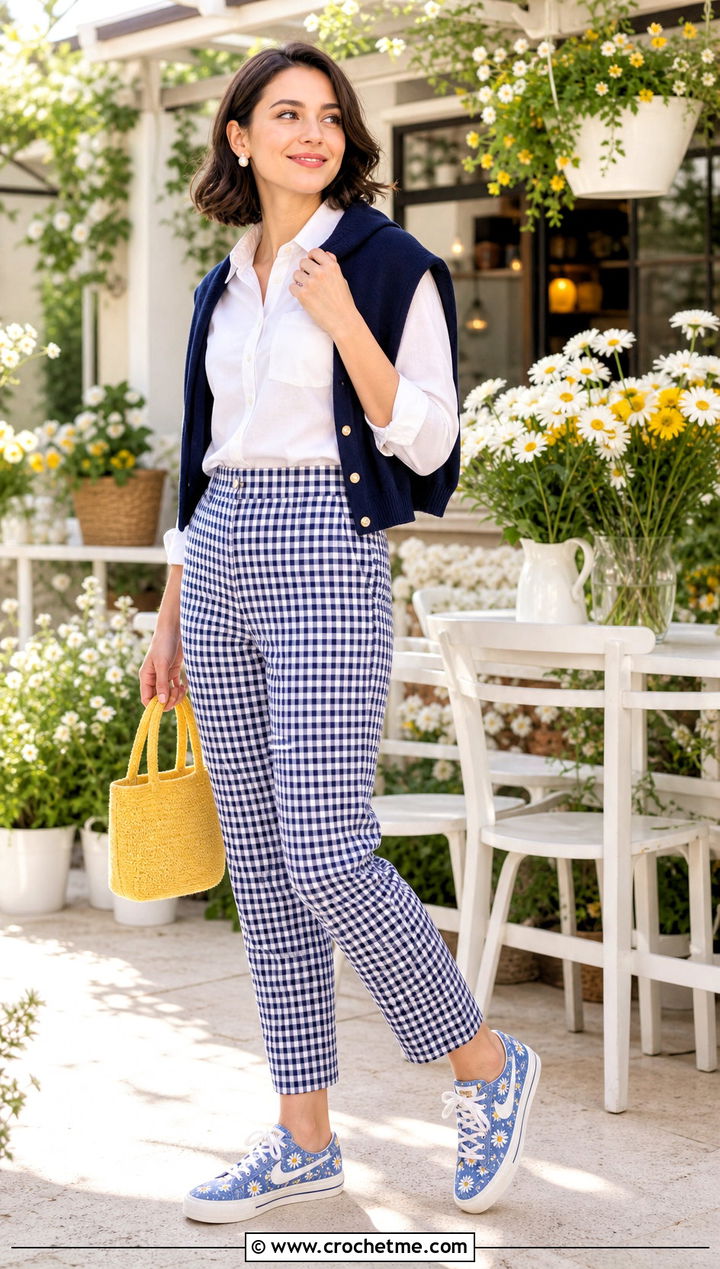 Daisy Crochet Nike Court Legacy With Gingham Pants - 35 crochet nike shoes outfit ideas