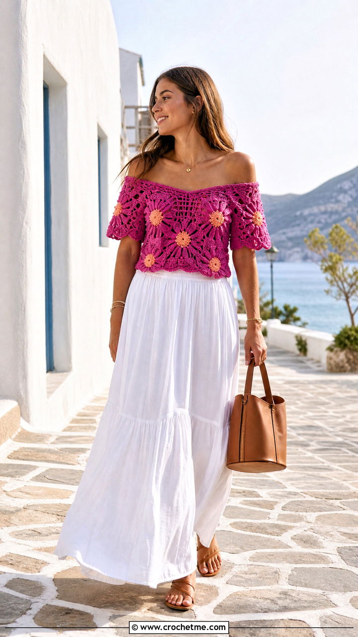 Daisy Crochet Off Shoulder Top With Cotton Maxi Skirt - 35 crochet daisy top outfit ideas