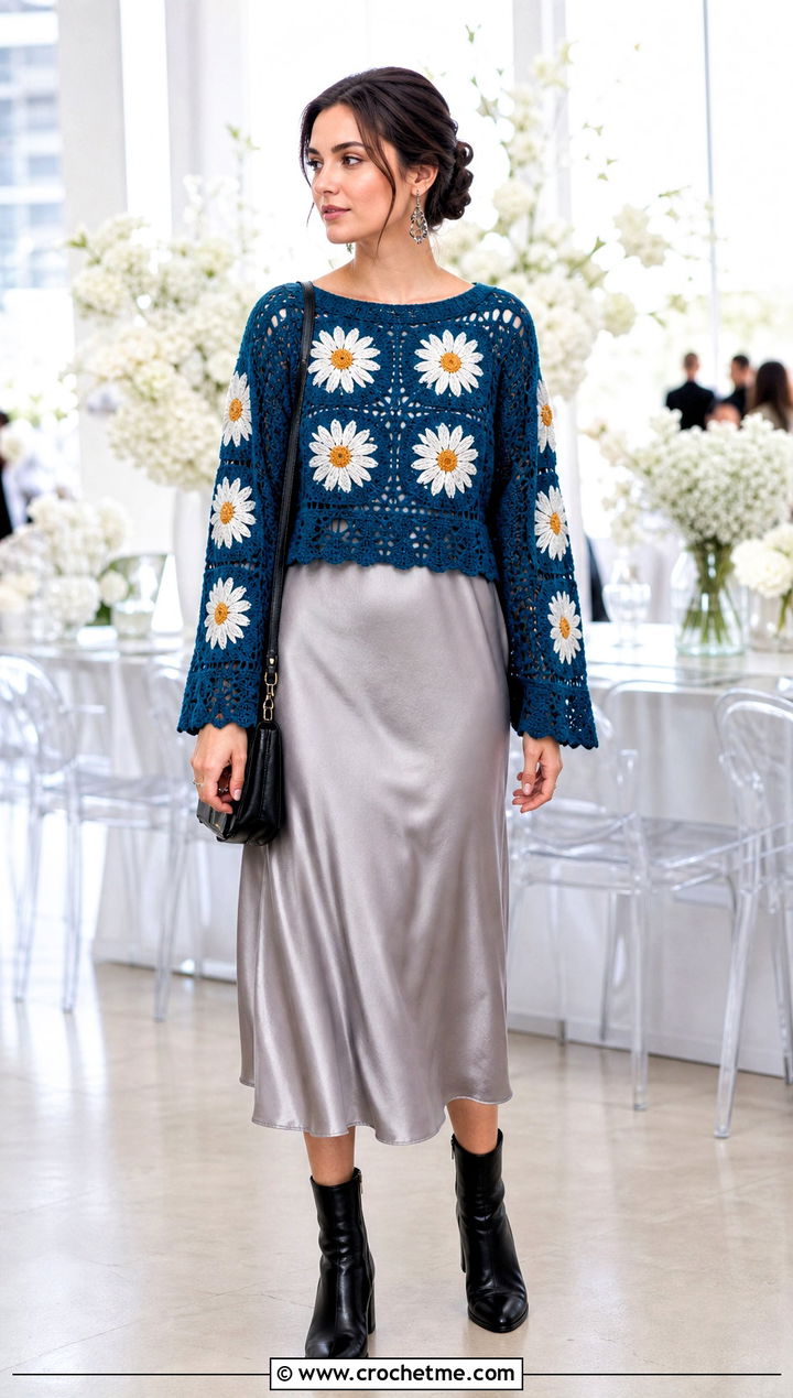 Daisy Crochet Panel Sweater Over Slip Dress - 30 crochet panel sweater outfit ideas