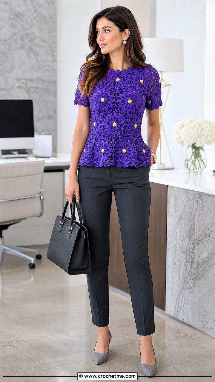 Daisy Crochet Peplum Top With Cigarette Pants - 35 crochet daisy top outfit ideas