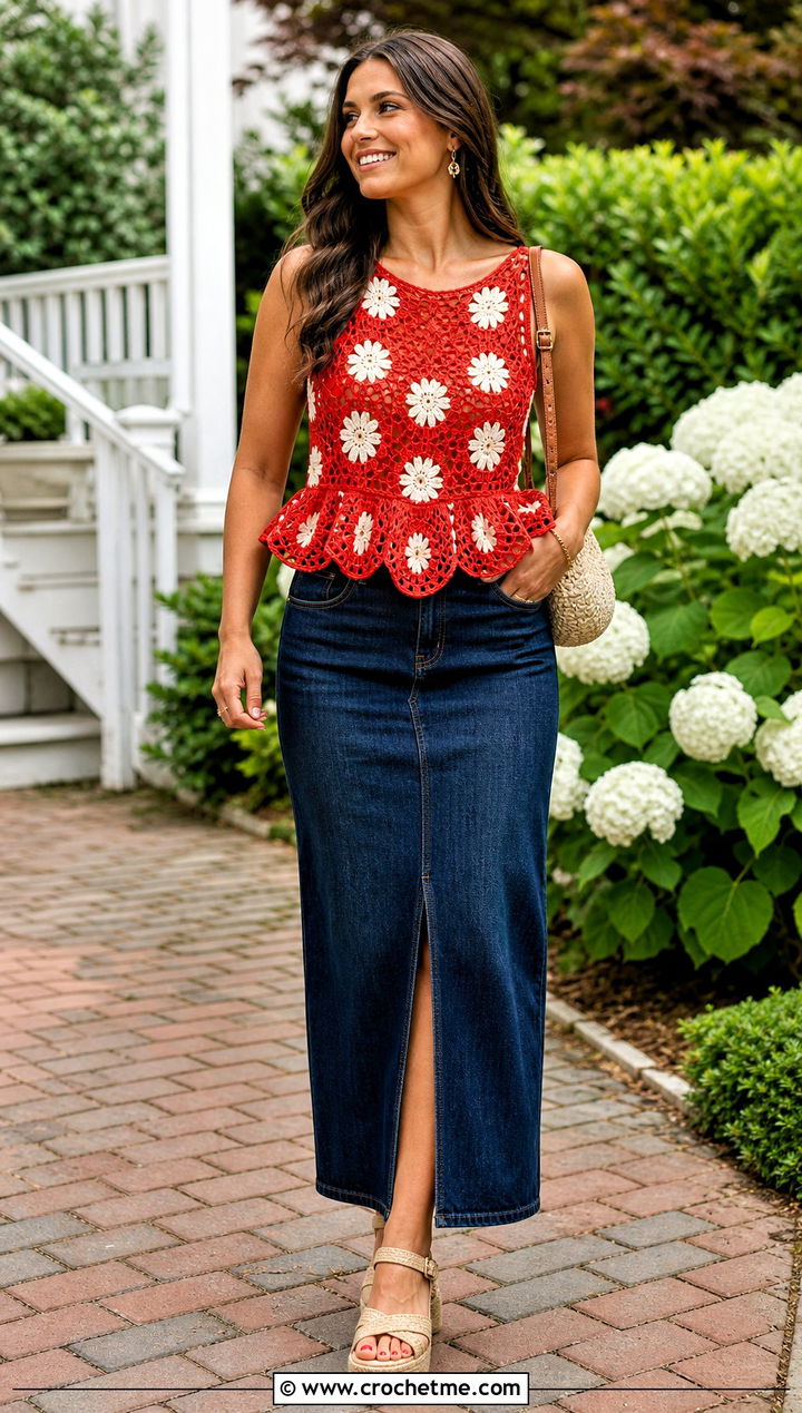 Daisy Crochet Peplum Top With Denim Maxi Skirt - 25 flower crochet tops outfit ideas