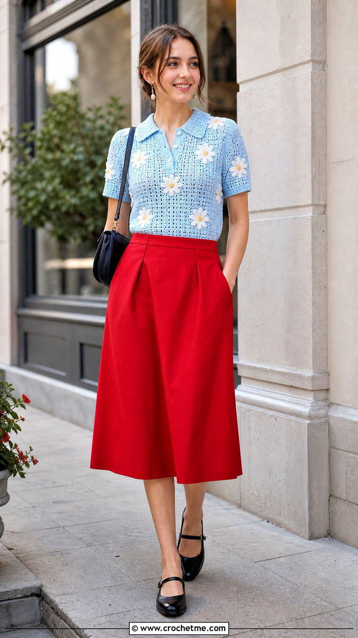 Daisy Crochet Polo Top With A Line Midi Skirt - 35 crochet daisy top outfit ideas