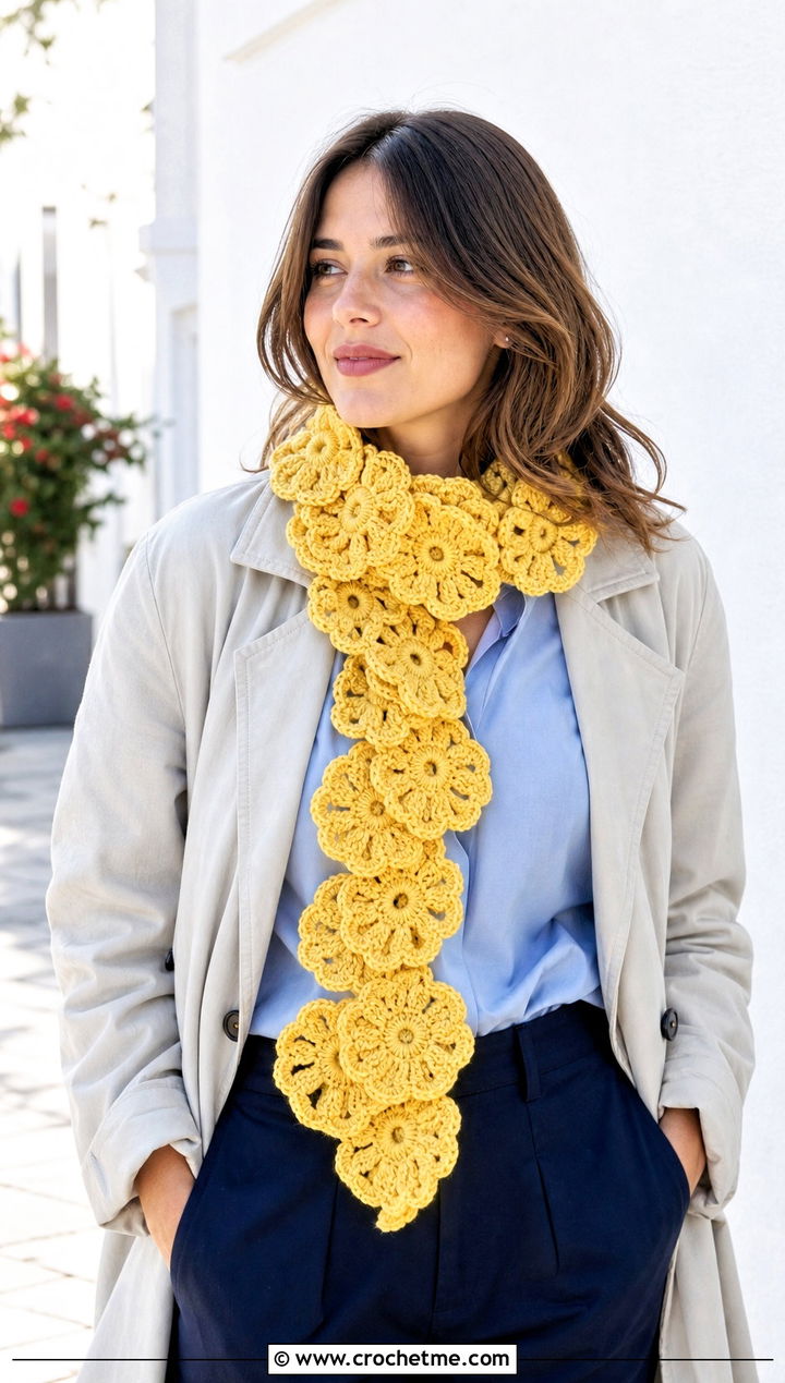 Daisy Crochet Roll Up Scarf With Trench Coat - 25 Crochet Roll Up Scarf outfit ideas