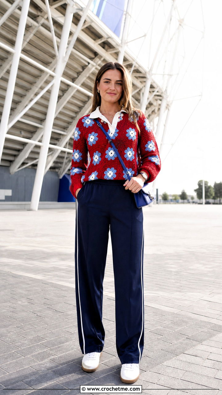 Daisy Crochet Rugby Top With Track Pants - 35 crochet daisy top outfit ideas