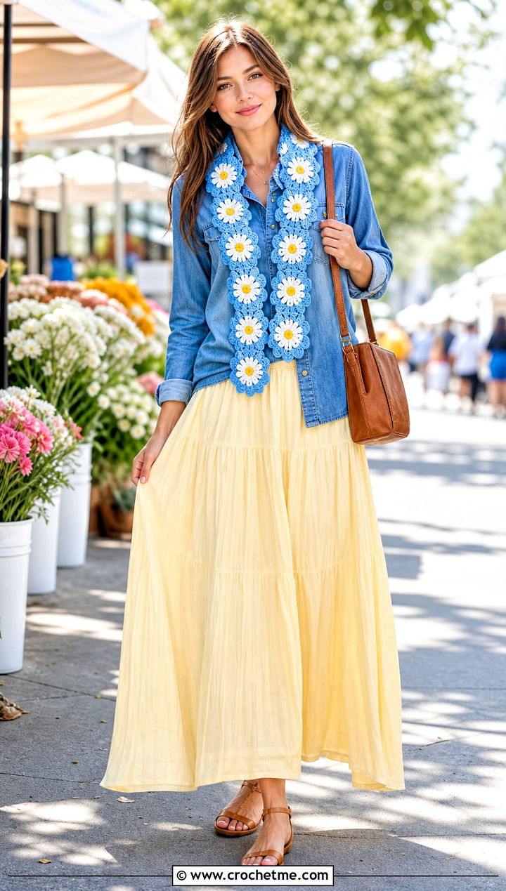 Daisy Crochet Scarf With Denim Shirt And Maxi Skirt - 35 small crochet scarf outfit ideas