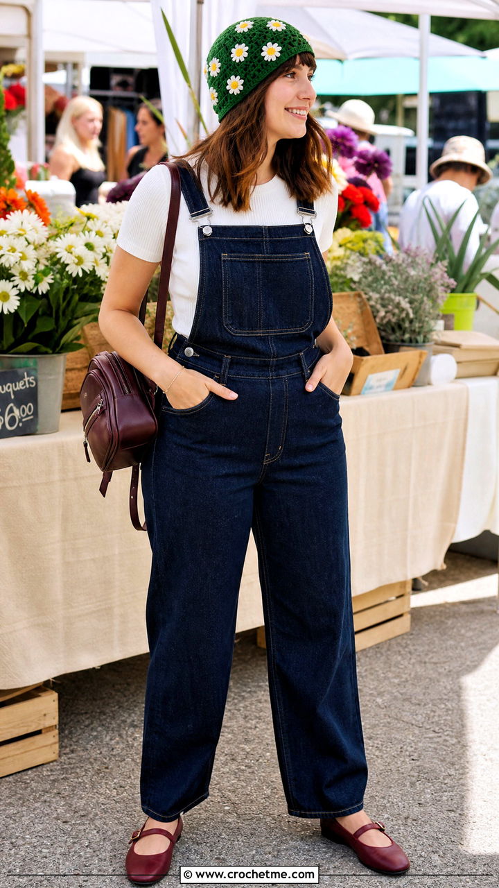 Daisy Crochet Skull Cap With Overalls And Mary Janes - 35 crochet skull cap outfit ideas