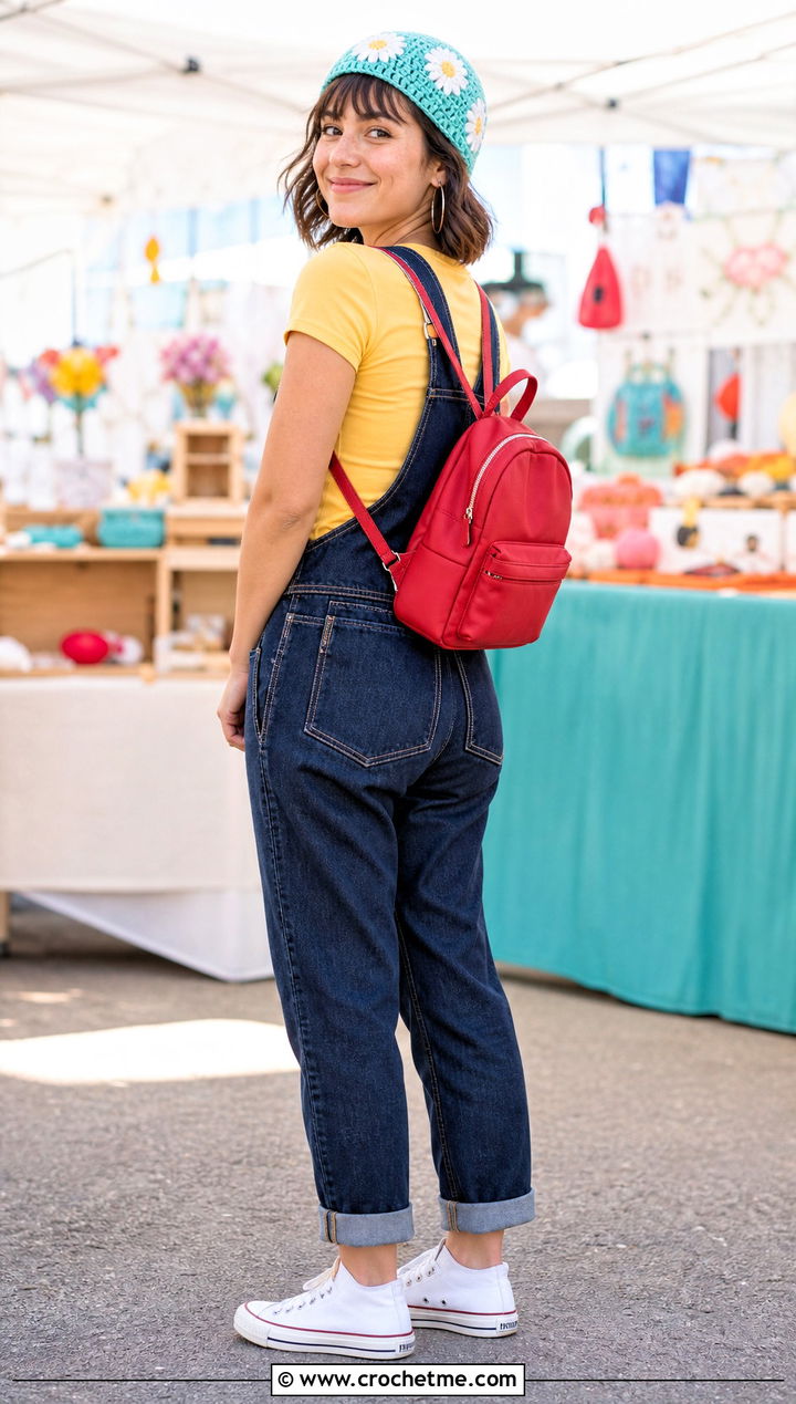 Daisy Crochet Skullcap With Overalls And Sneakers - 35 crochet tiny hat outfit ideas
