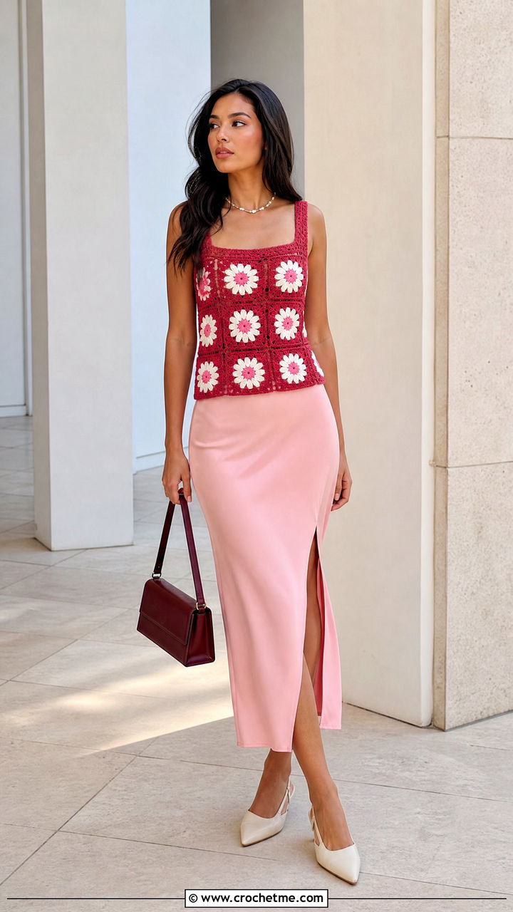 Daisy Crochet Square Neck Top With Column Skirt - 35 crochet daisy top outfit ideas
