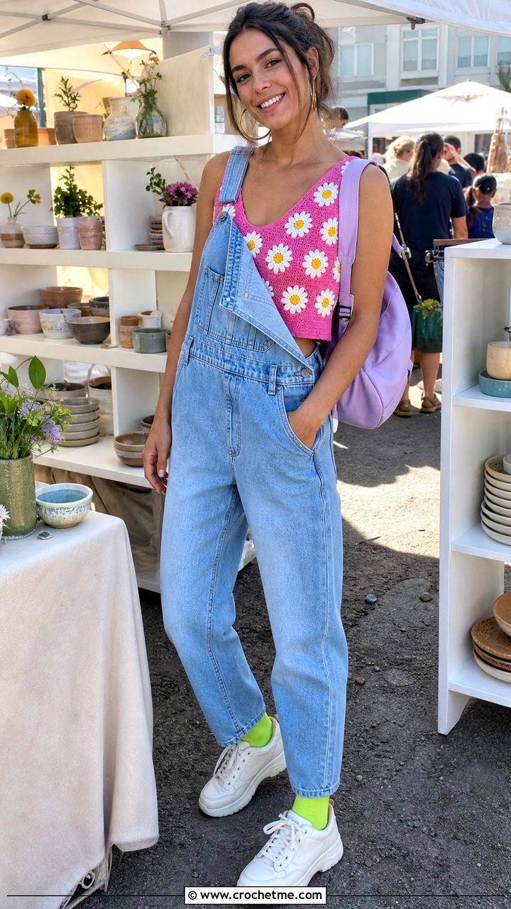 Daisy Crochet Tank Top With Overalls - 35 crochet tank tops outfit ideas