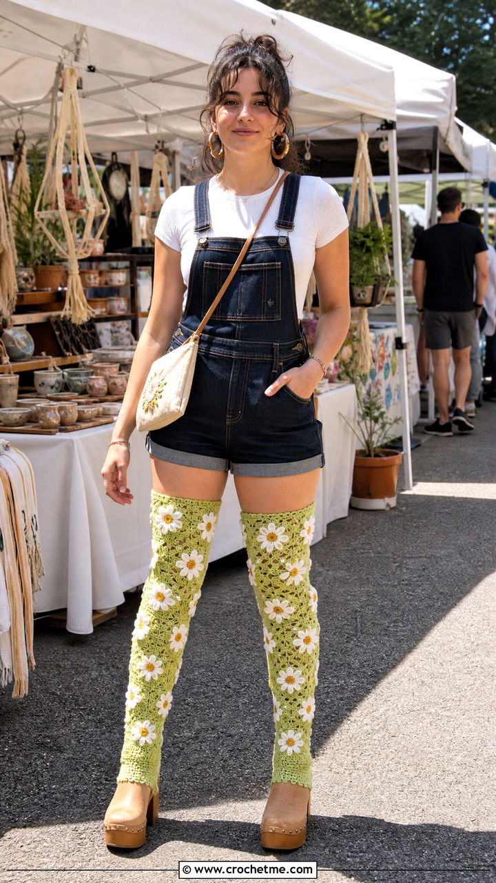 Daisy Crochet Thigh High Socks With Short Overalls - 35 crochet thigh high socks outfit ideas