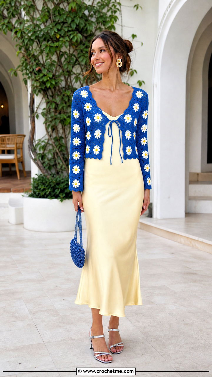 Daisy Crochet Tie Front Top With Slip Dress - 35 crochet daisy top outfit ideas