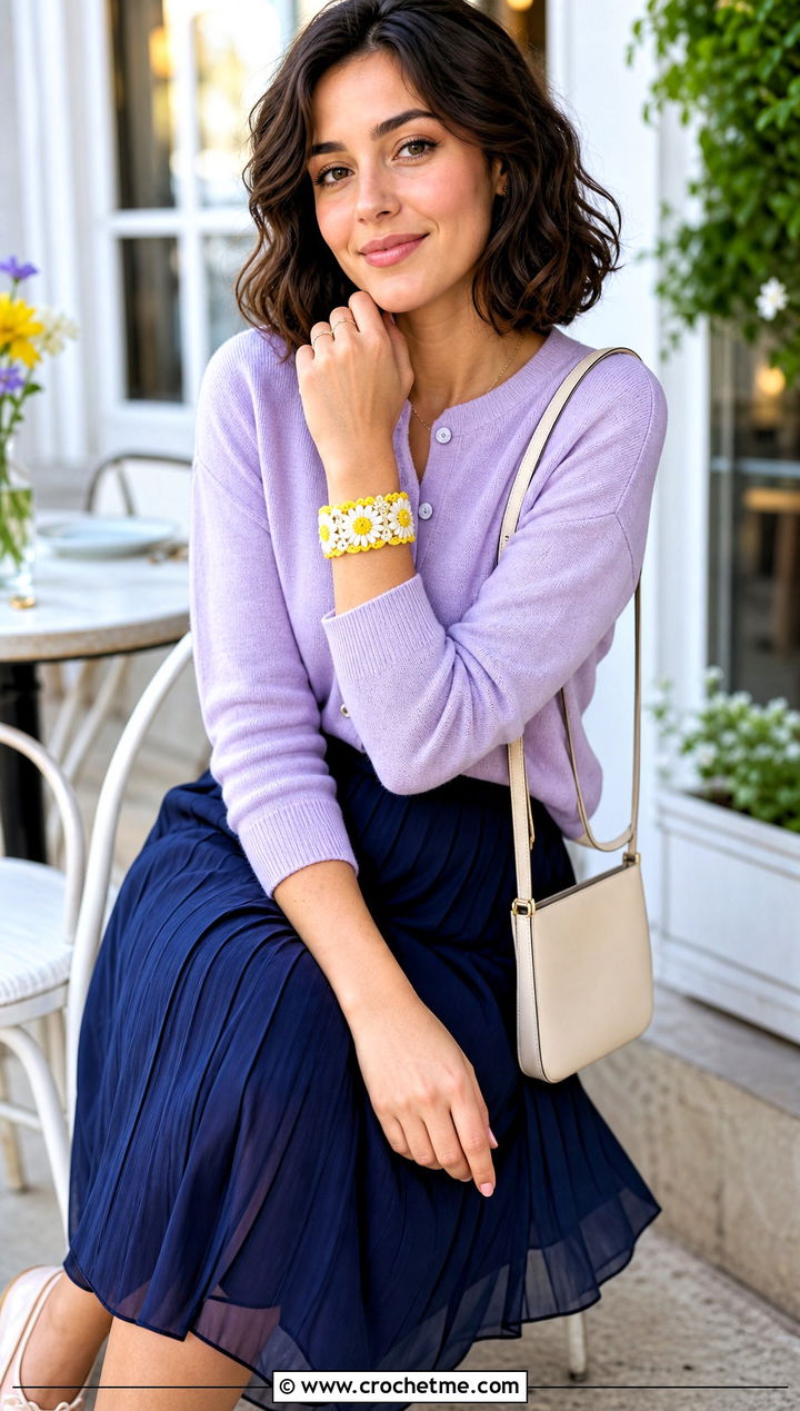 Daisy Crochet Wrap Bracelet With Cardigan and Pleated Skirt - 35 crochet wrap bracelet outfit ideas