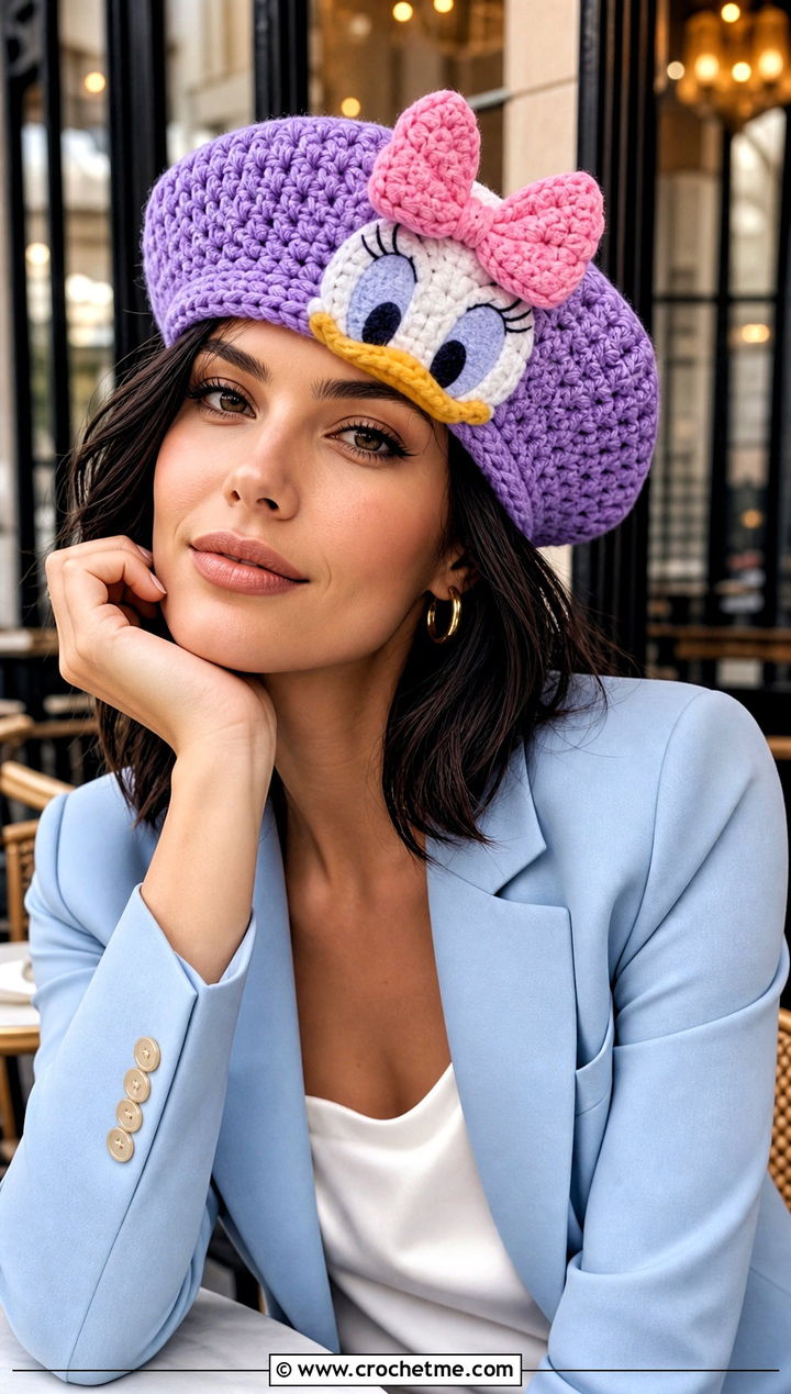 Daisy Duck Crochet Beret With Pastel Suit - 30 disney crochet hat outfit ideas