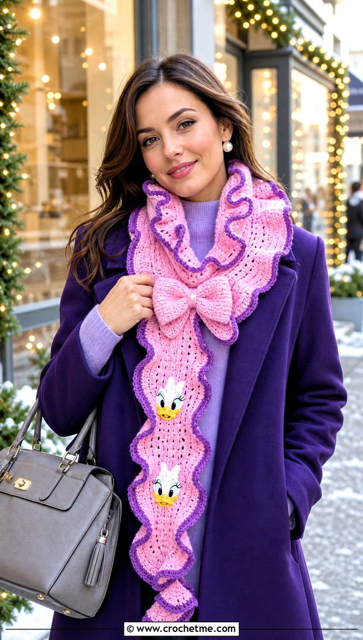 Daisy Duck Ruffle Crochet Scarf With Purple Coat - 20 Crochet Disney Scarf outfit ideas