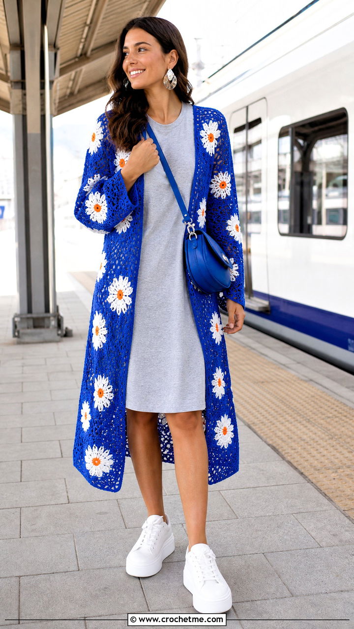Daisy Duster Cardigan With T Shirt Dress - 35 Crochet Daisy Cardigan outfit ideas