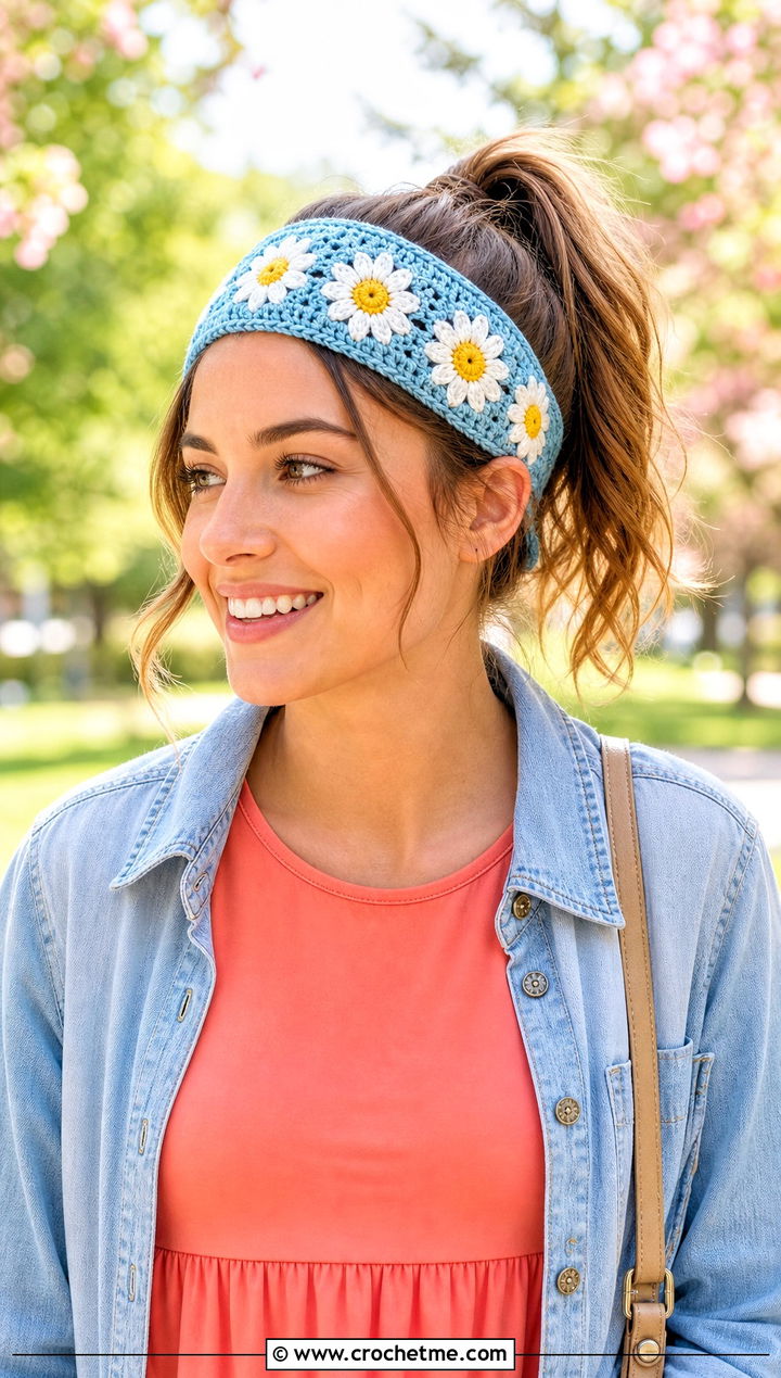 Daisy Elastic Crochet Headband With a T Shirt Dress - 25 Crochet Headbands With Elastic outfit ideas
