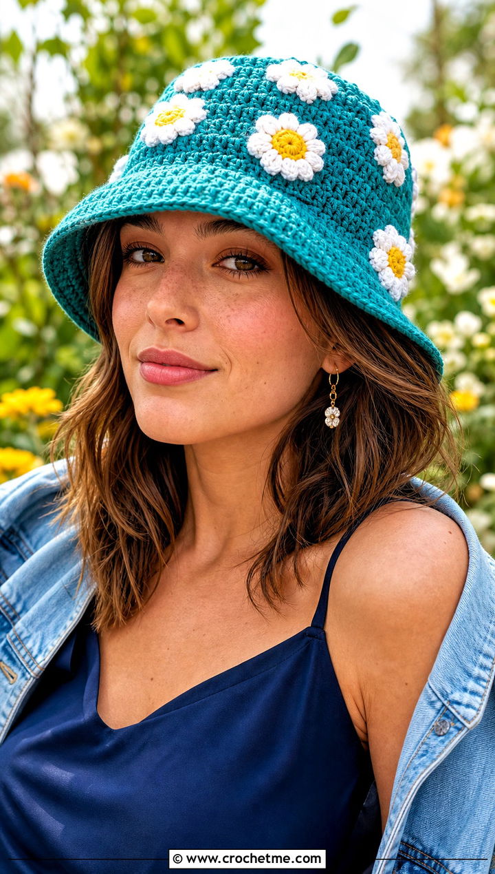 Daisy Flower Crochet Adult Bucket Hat With Slip Dress - 25 crochet adult bucket hat outfit ideas