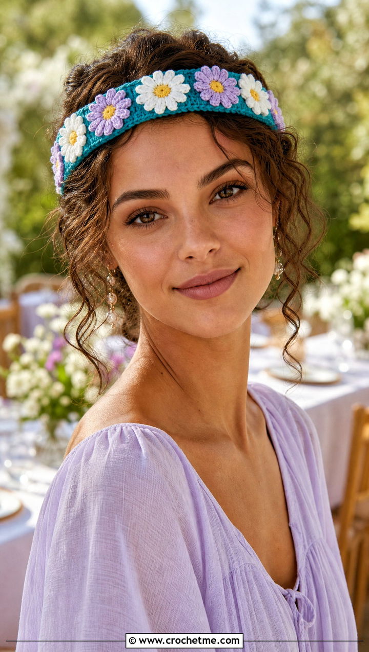 Daisy Flower Crown Crochet Headband With Wide Leg Pants - 15 daisy flower crochet headband outfit ideas