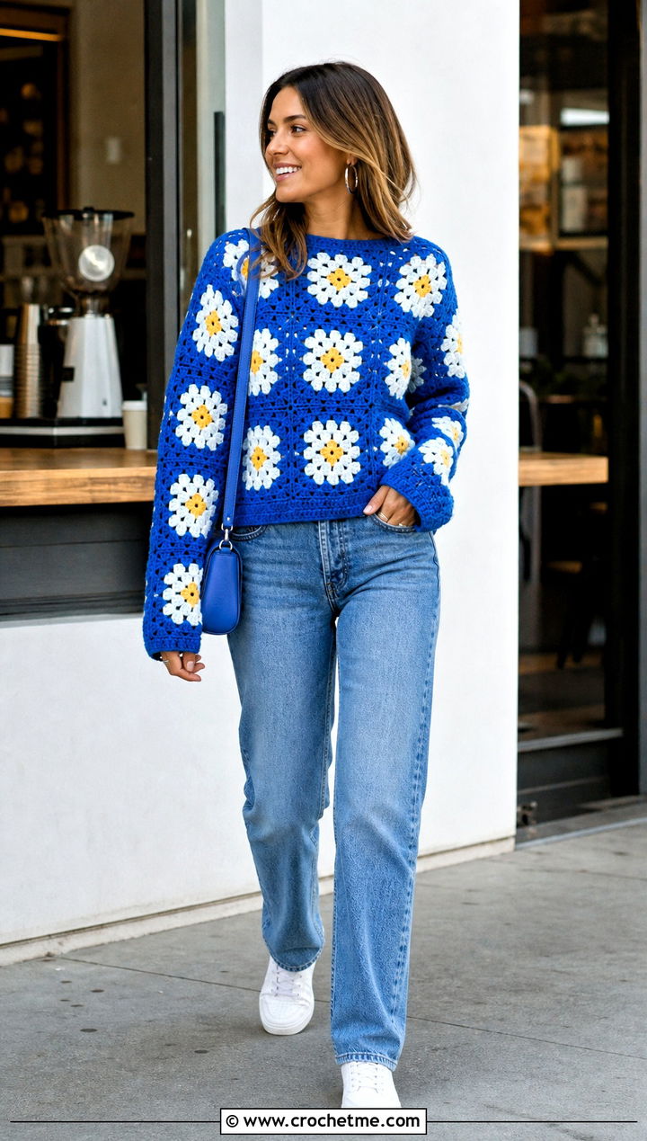 Daisy Flower Granny Square Sweater With Straight Leg Jeans - 30 flower granny square sweater outfit ideas
