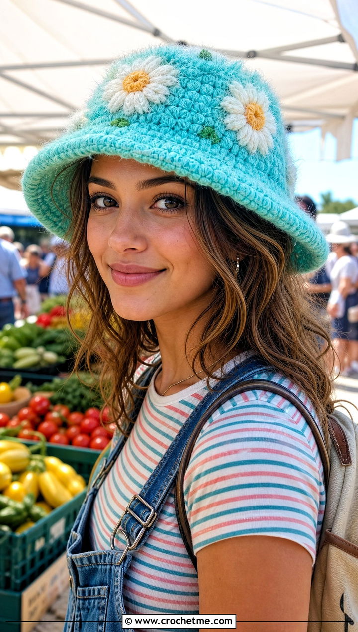 Daisy Fuzzy Crochet Bucket Hat With Overalls - 25 fuzzy crochet bucket hat outfit ideas