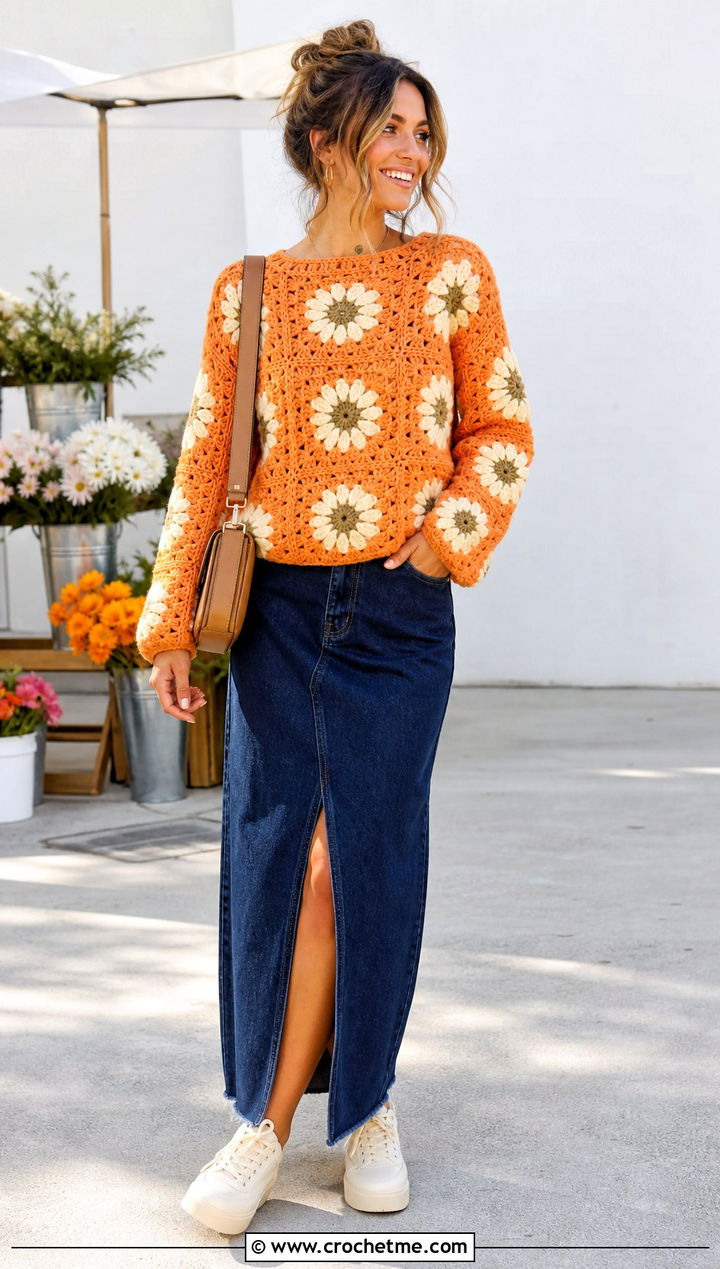 Daisy Giant Granny Square Sweater With Denim Maxi Skirt - 30 giant granny square sweater outfit ideas