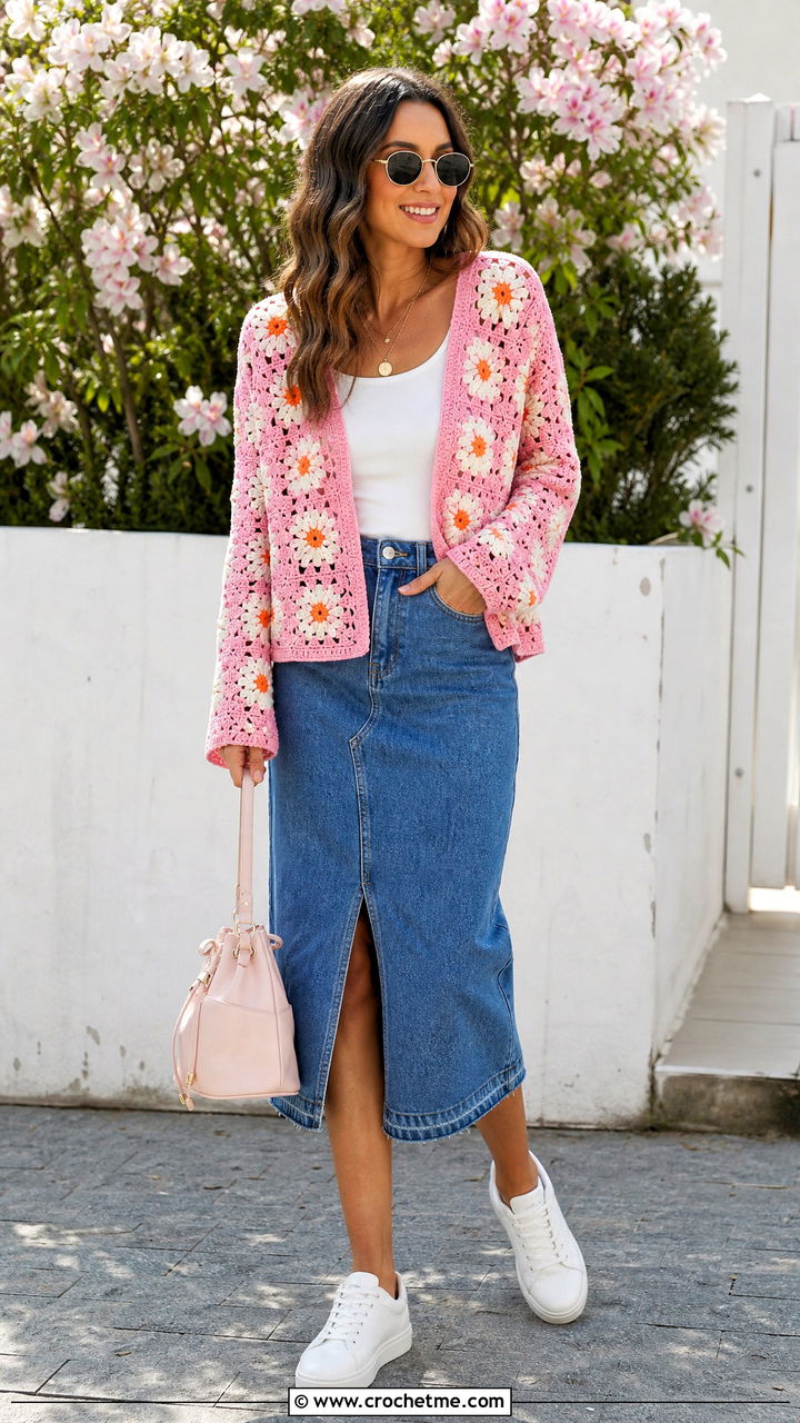 Daisy Granny Cardigan With Denim Midi Skirt - 35 crochet granny cardigan outfit ideas