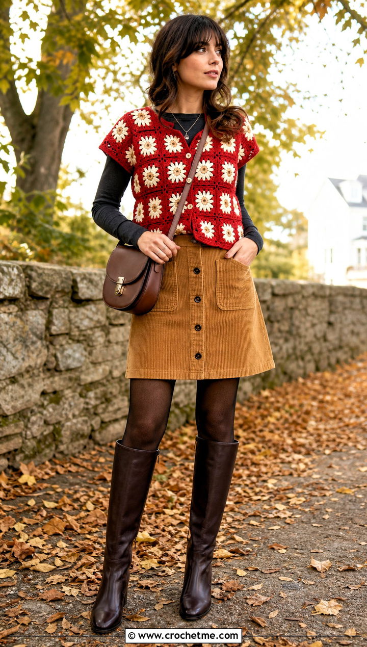 Daisy Granny Crochet Button Down Shirt With Corduroy Skirt - 30 crochet button down shirt outfit ideas
