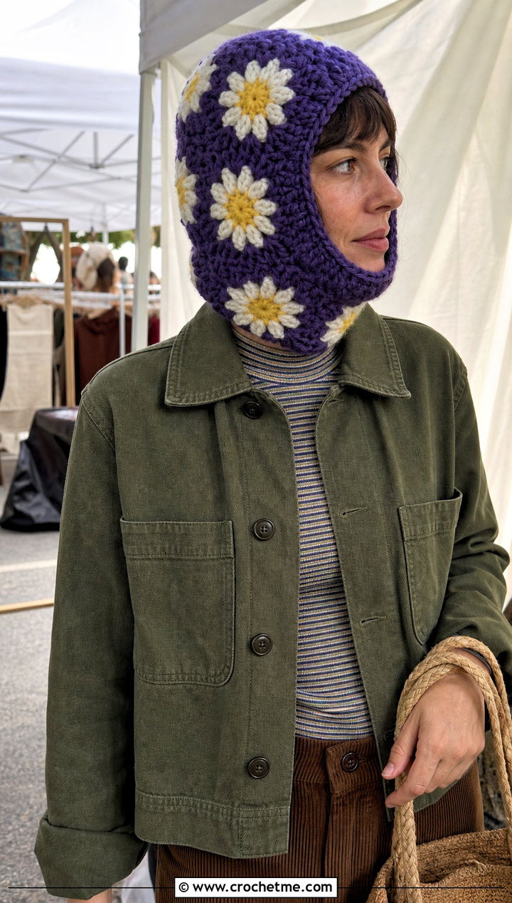 Daisy Granny Helmet Balaclava With Chore Jacket - 25 crochet helmet balaclava outfit ideas