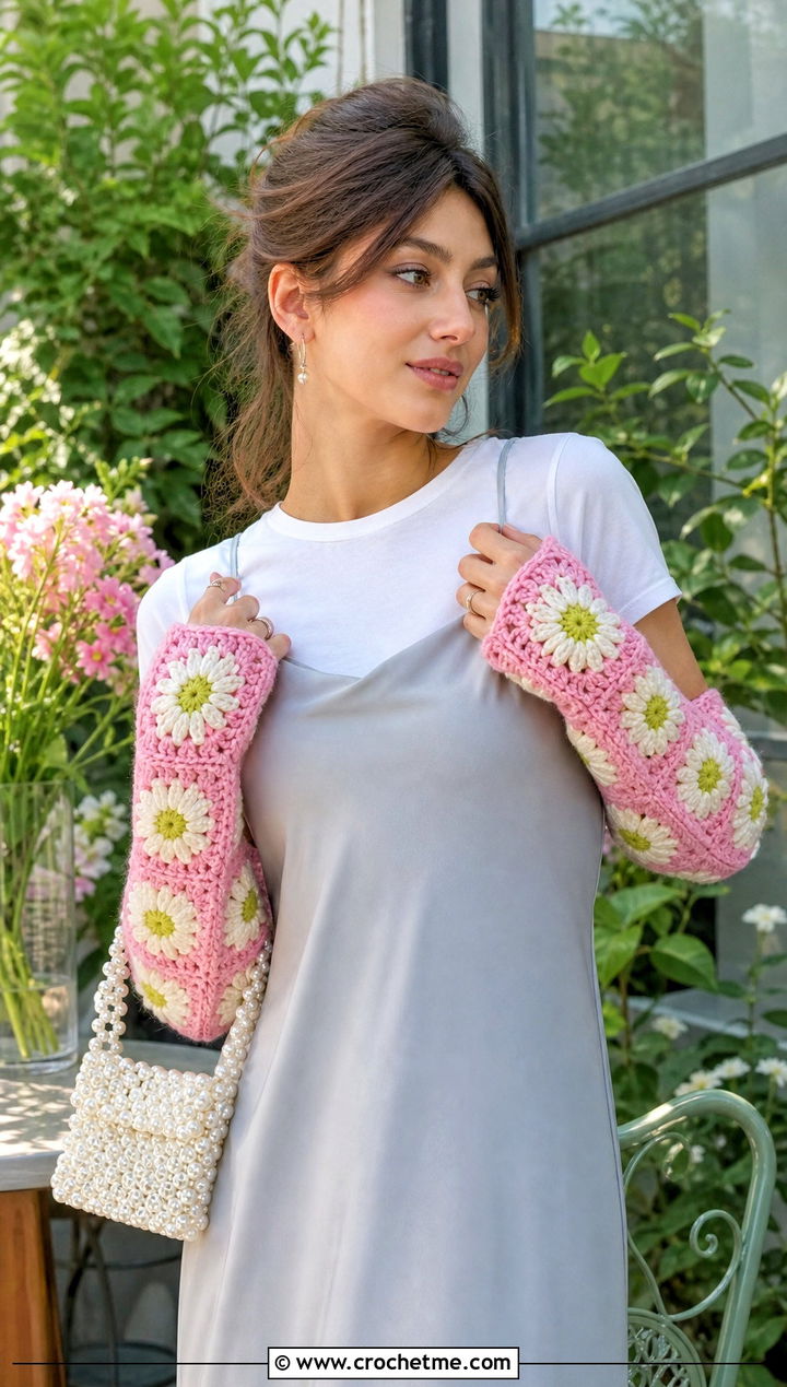 Daisy Granny Square Arm Warmers With Slip Dress And Ballet Flats - 25 Granny Square Arm Warmers outfit ideas