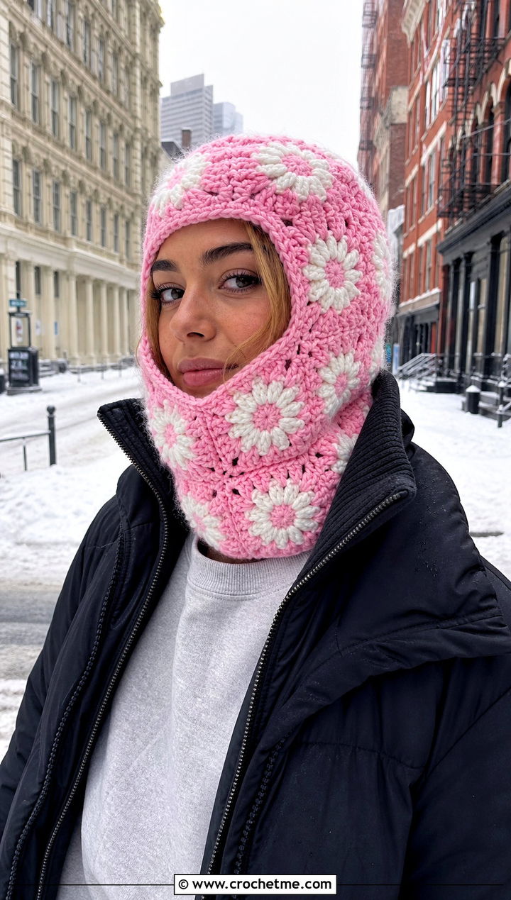 Daisy Granny Square Balaclava With Puffer Jacket - 30 crochet granny square balaclava outfit ideas