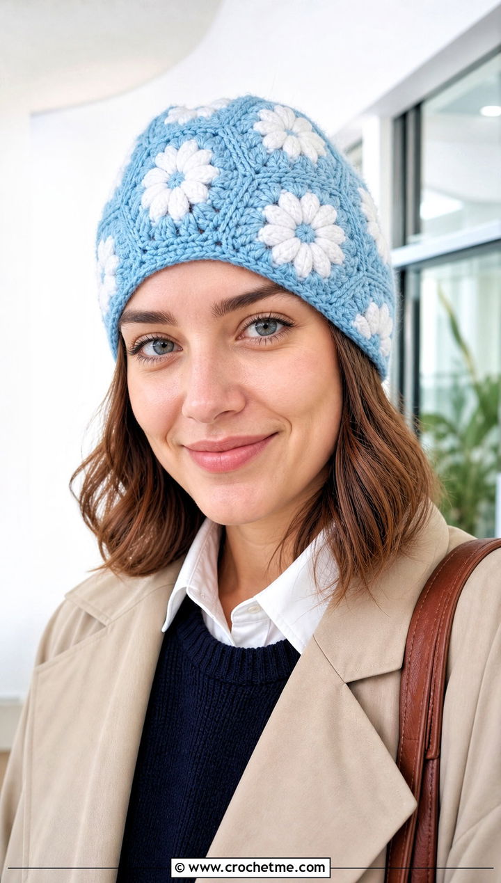Daisy Granny Square Beanie With Trench Coat - 30 granny square beanie outfit ideas