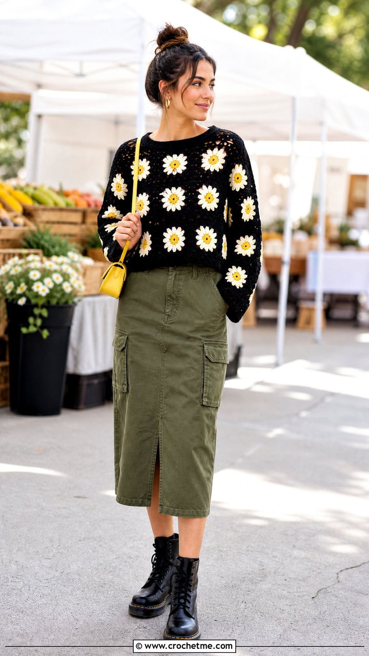 Daisy Granny Square Black Crochet Sweater With Utility Skirt - 35 black crochet sweater outfit ideas