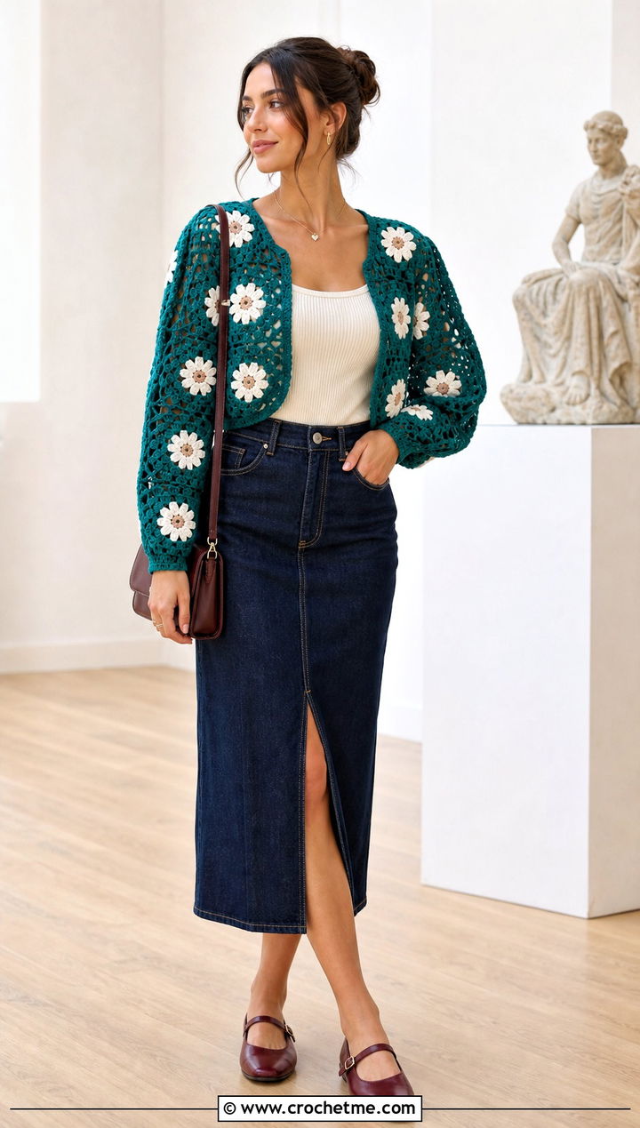 Daisy Granny Square Bolero With Denim Midi Skirt - 35 granny square bolero outfit ideas