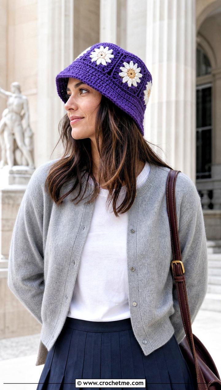 Daisy Granny Square Bucket Hat With Cardigan And Pleated Skirt - 30 crochet granny stitch bucket hat outfit ideas