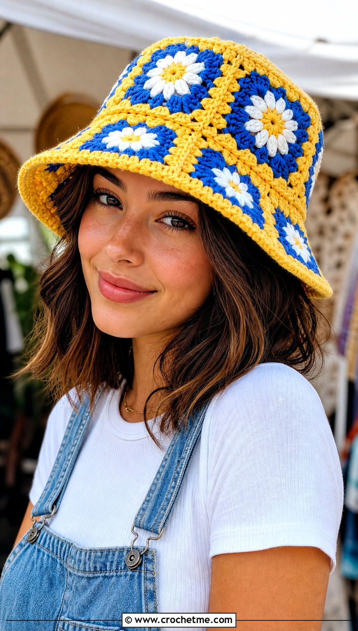 Daisy Granny Square Bucket Hat With Denim Overalls - 15 crochet bucket hat with floral outfit ideas