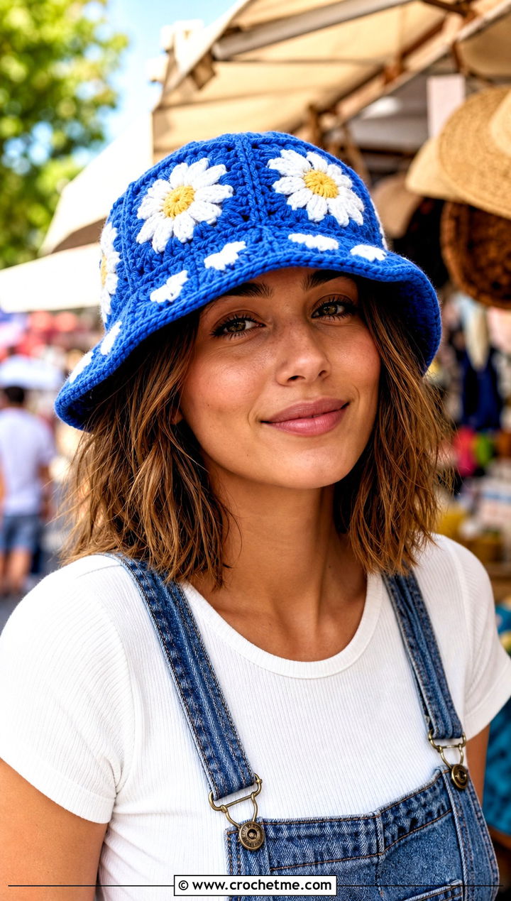 Daisy Granny Square Bucket Hat With Denim Overalls - 30 crochet flower hat outfit ideas