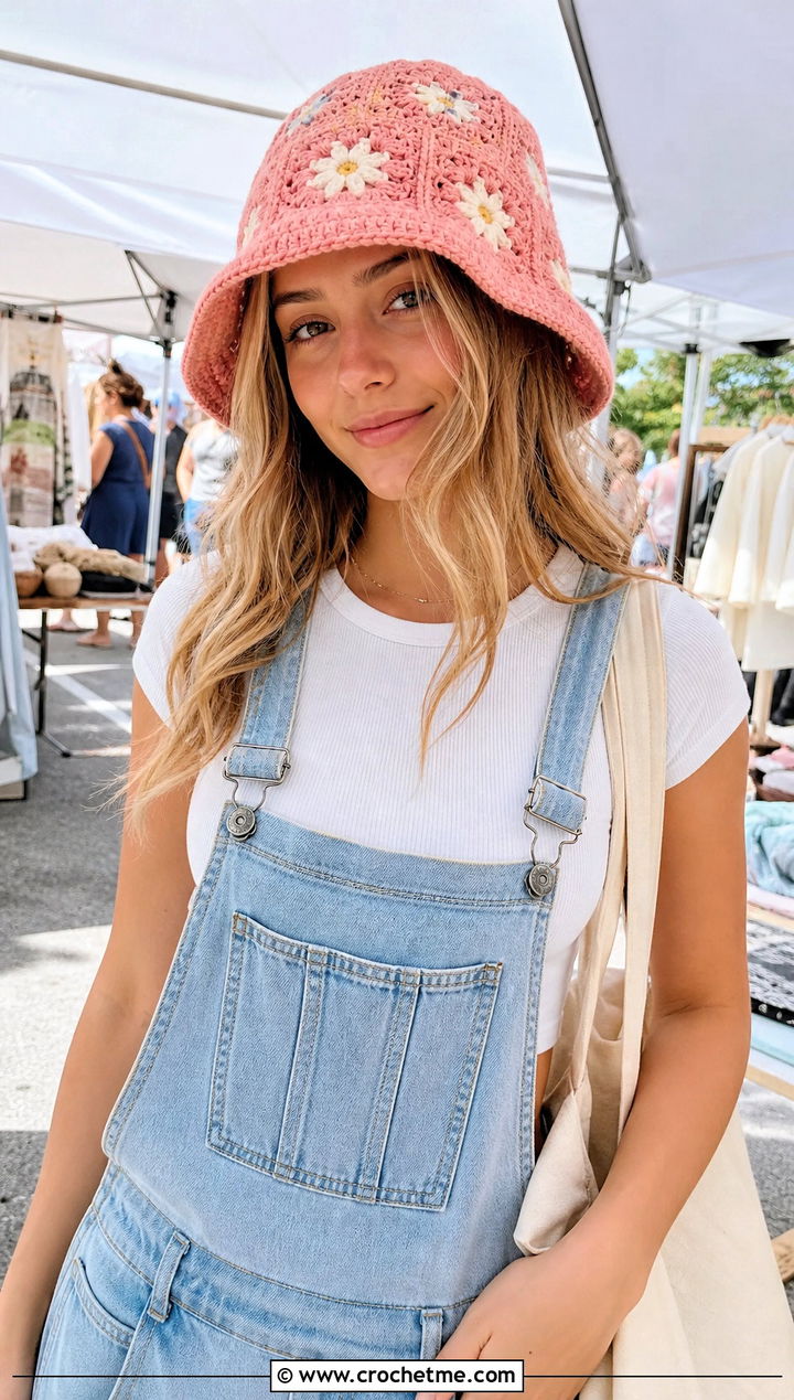 Daisy Granny Square Bucket Hat With Overalls - 15 Crochet Granny Square Bucket Hat outfit ideas