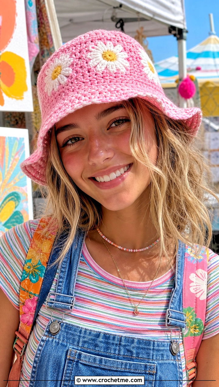 Daisy Granny Square Bucket Hat With Overalls - 25 Easy Crochet Granny Square Hats outfit ideas