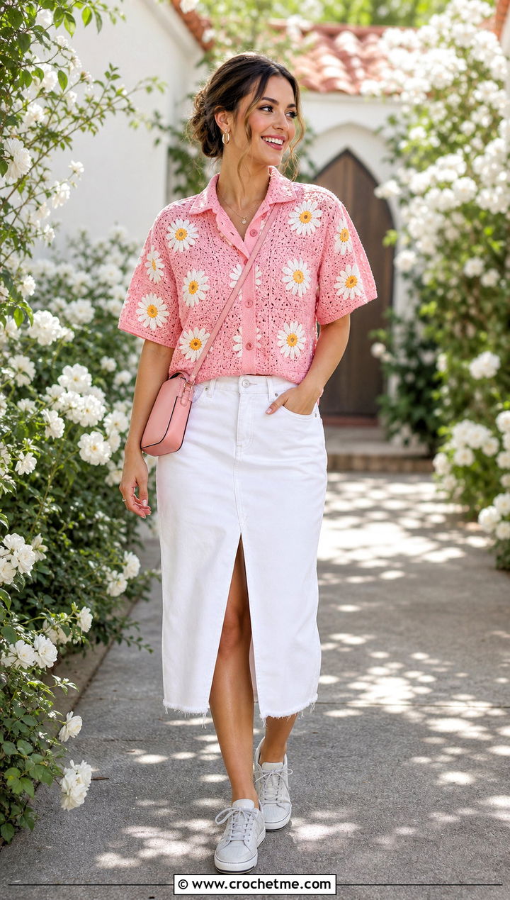 Daisy Granny Square Button Up Shirt With White Denim Skirt - 25 Granny Square Button Up Shirt outfit ideas