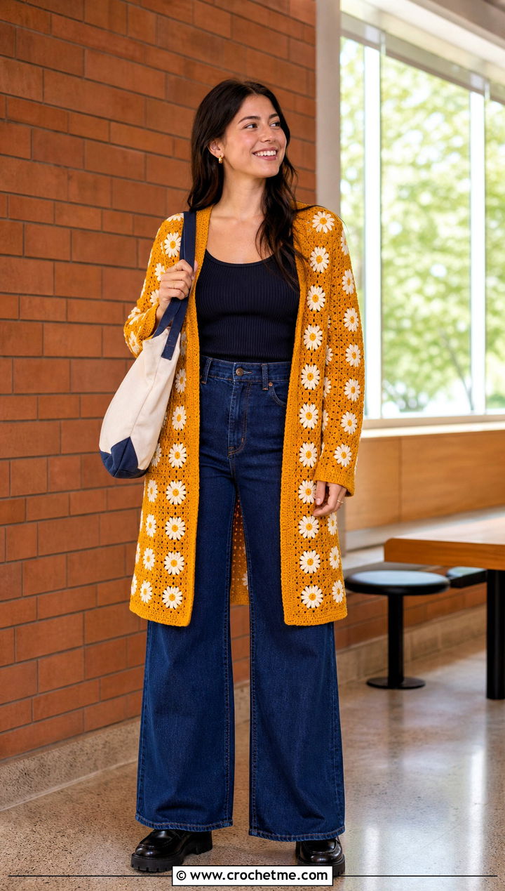 Daisy Granny Square Cardigan Coat With Wide Leg Jeans - 15 crochet granny square afghan style coat cardigan outfit ideas
