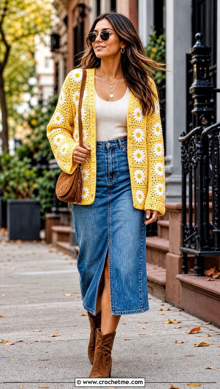 Daisy Granny Square Cardigan With A Denim Midi Skirt - 20 boho granny square cardigan outfit ideas