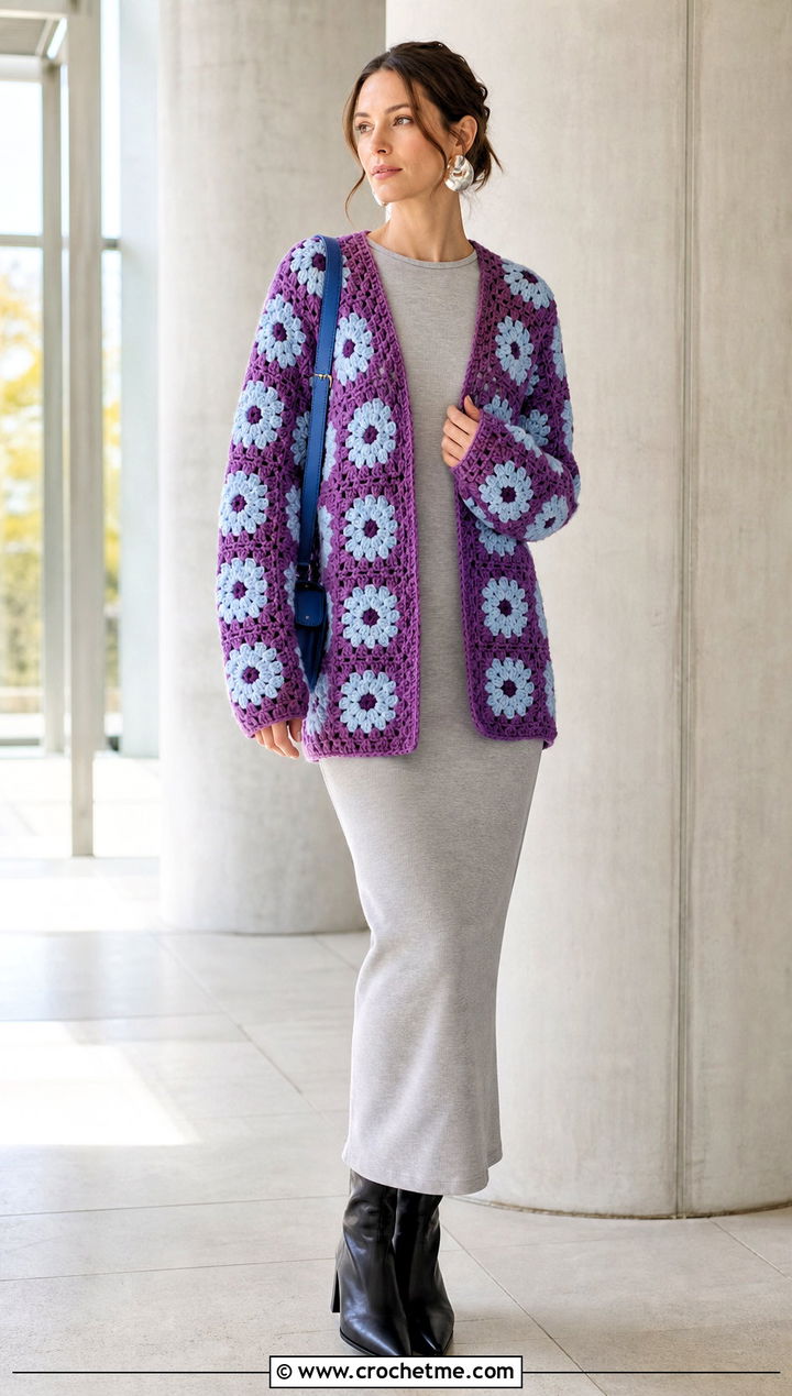 Daisy Granny Square Cardigan With Column Maxi Dress - 25 Daisy Granny Square Cardigan outfit ideas