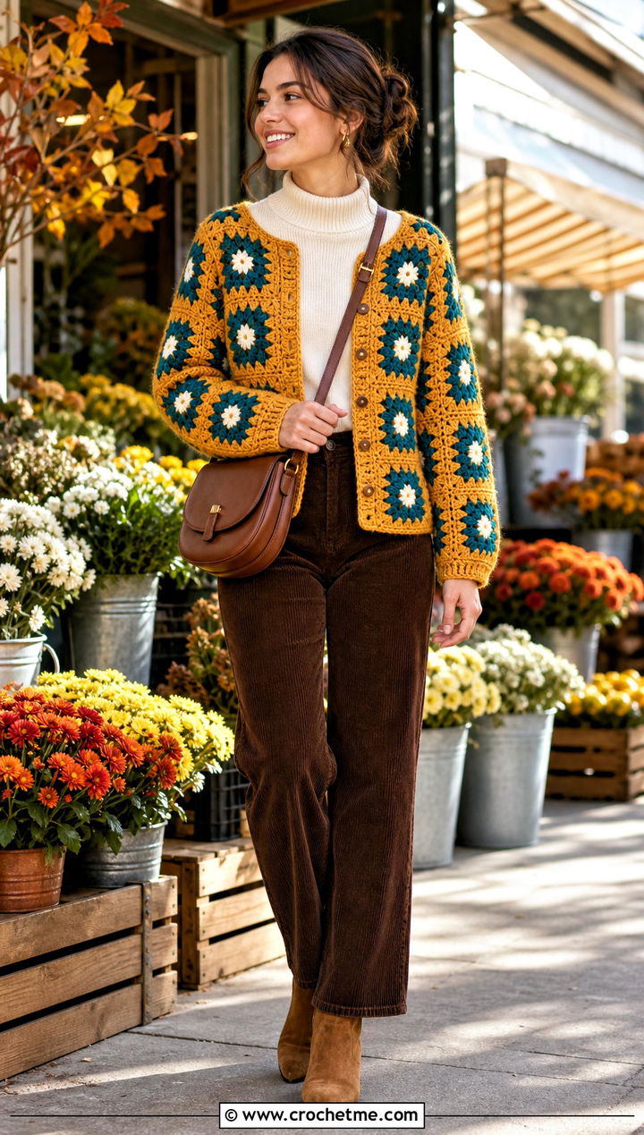 Daisy Granny Square Cardigan With Corduroy Pants - 25 Daisy Granny Square Cardigan outfit ideas