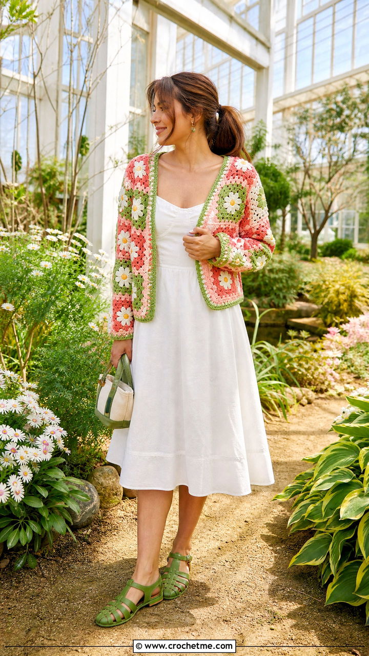 Daisy Granny Square Cardigan With Cotton Sundress - 35 crochet patchwork cardigan outfit ideas