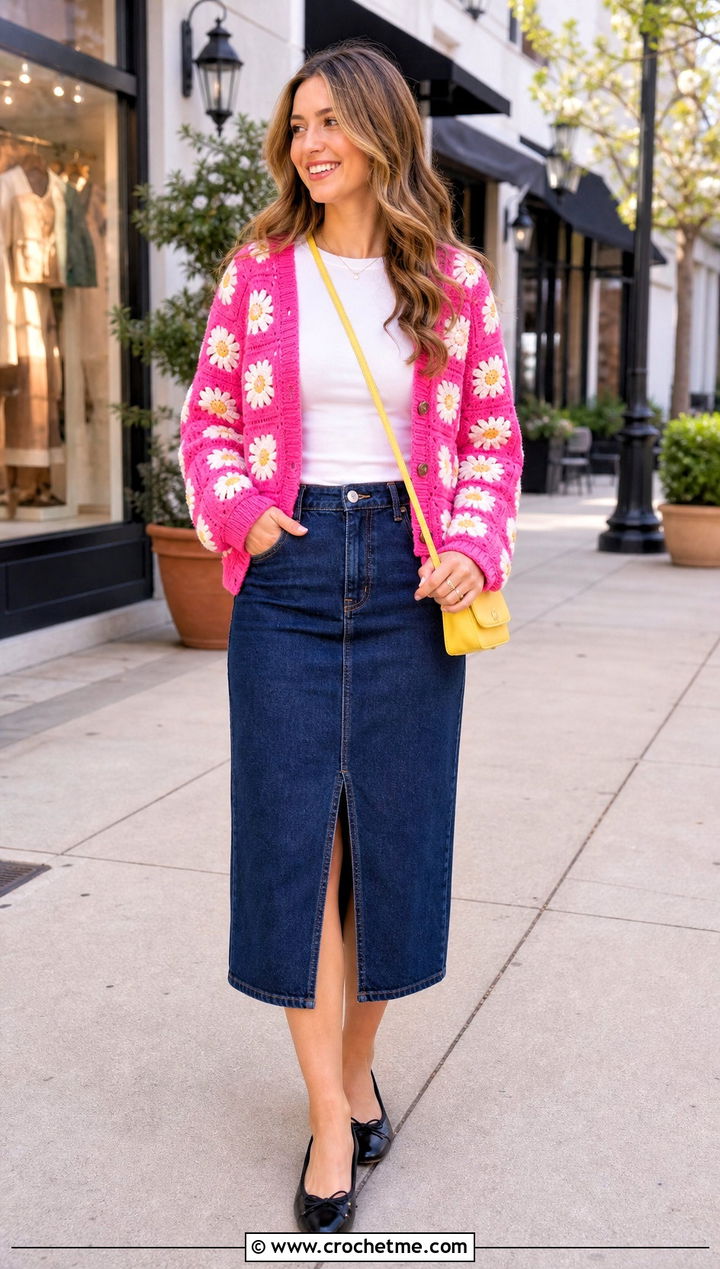 Daisy Granny Square Cardigan With Denim Midi Skirt - 25 For Granny Square Cardigan outfit ideas