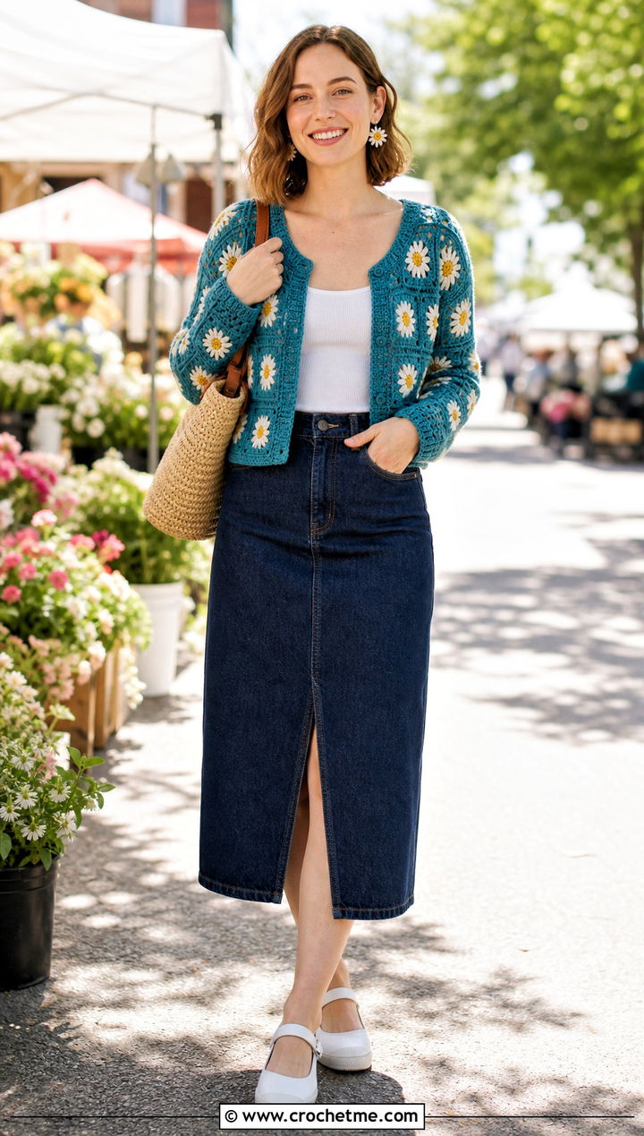 Daisy Granny Square Cardigan With Denim Midi Skirt - 25 kawaii crochet cardigan outfit ideas